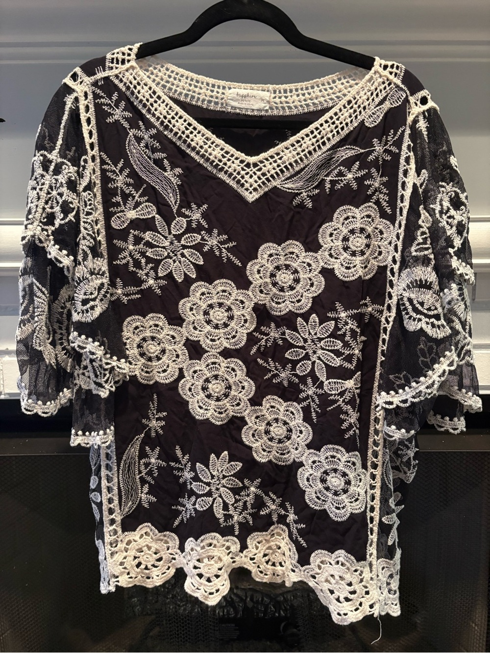 Boho Floral Lace Overlay Top - Black with White Embroidery